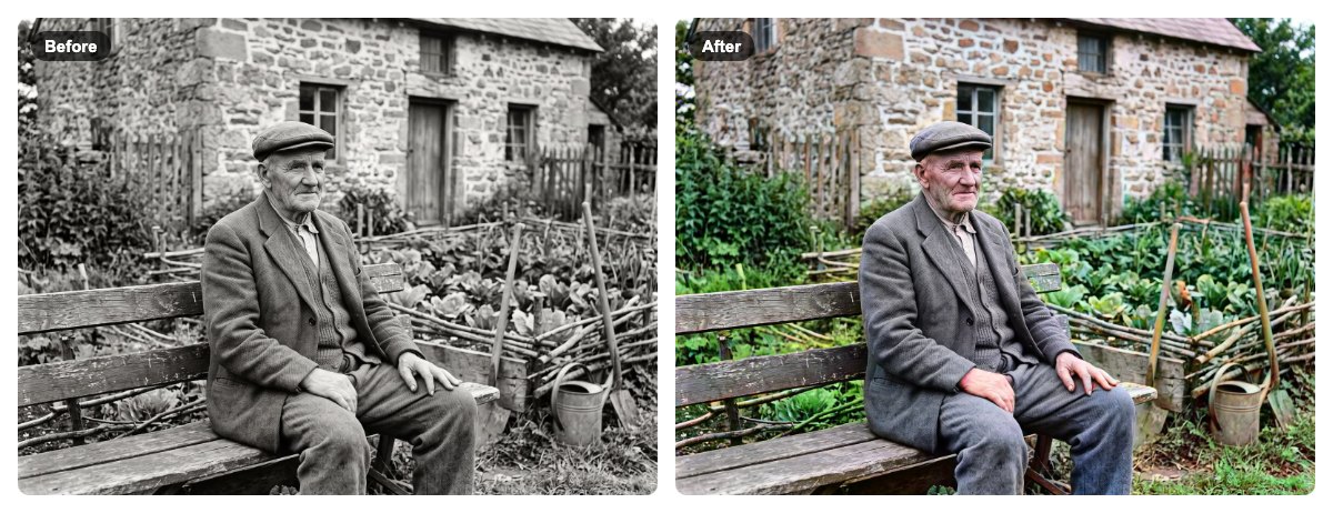 A black and white photo of an old man on a bench in a garden next to the same photo in color