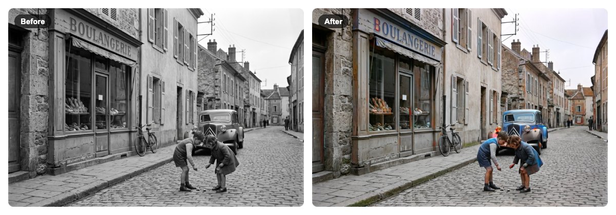 A black and white street scene next to its colorized version