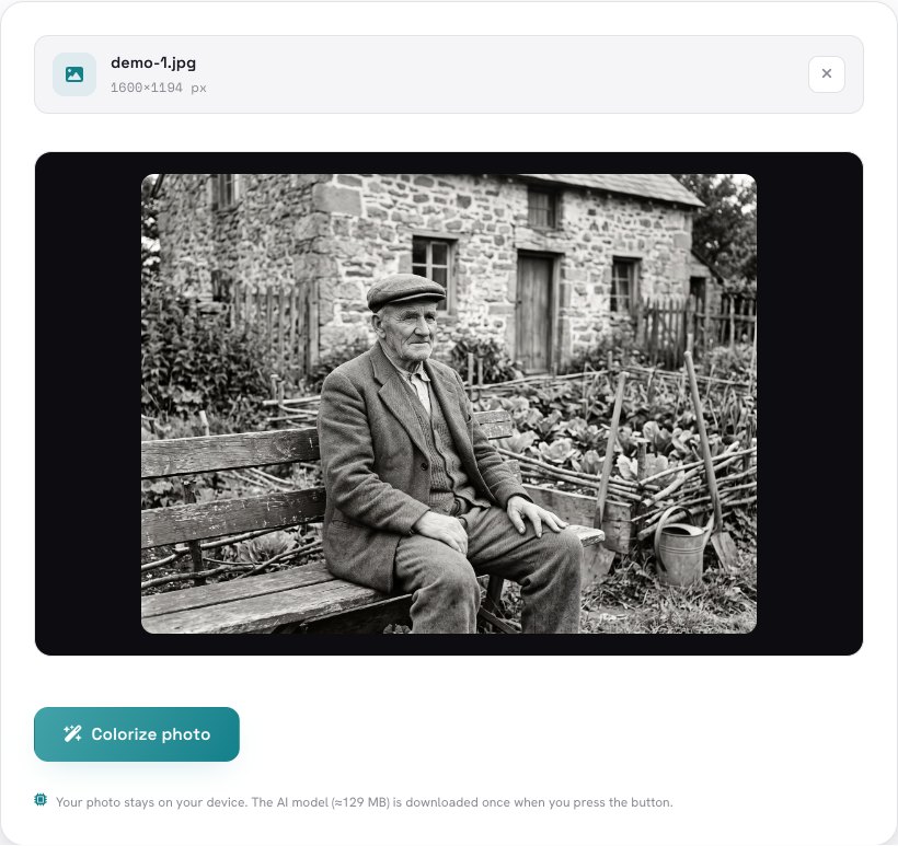 A black and white photo loaded in the tool with the Colorize photo button below it