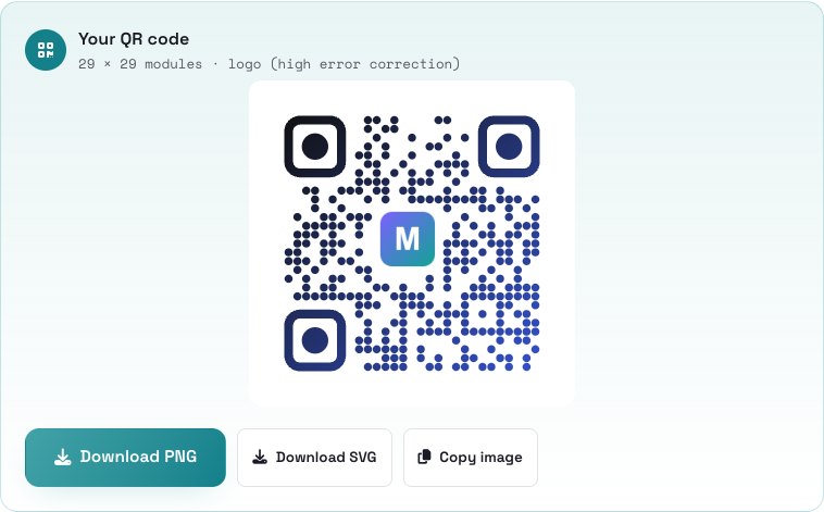 A QR code with round dots, a blue gradient and a logo in the middle, with download buttons