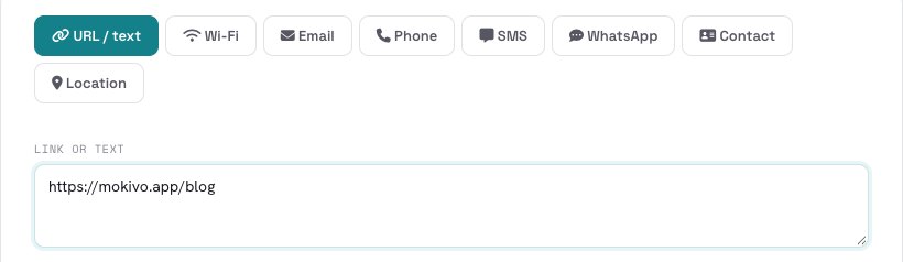 The QR type buttons and the link field with a web address