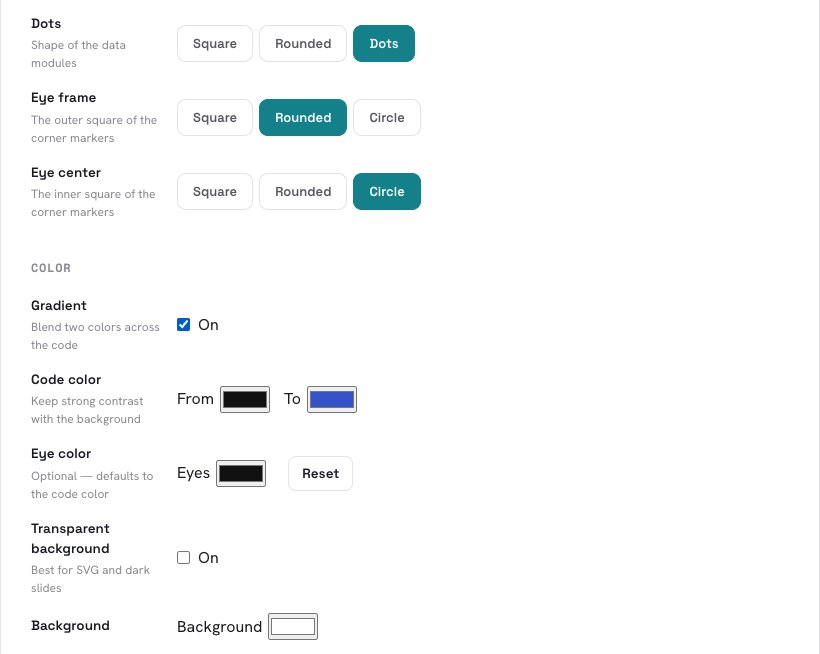 Shape and color options for the QR code