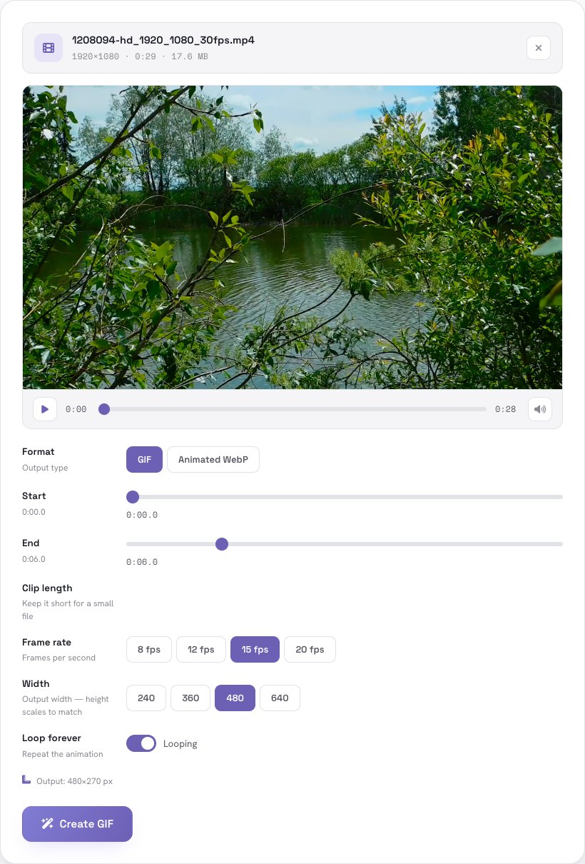 Frame rate set to 15 fps and width set to 480 with the Create GIF button