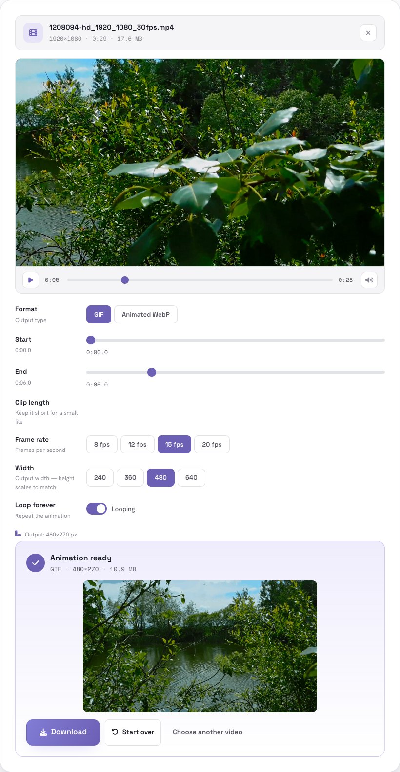 The animation ready with a preview, its size and a Download button