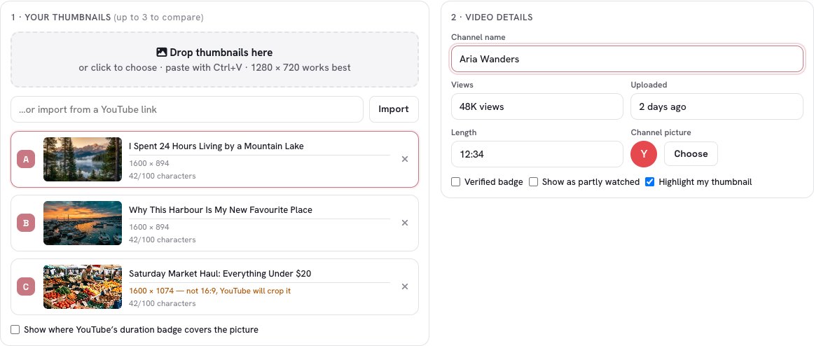 Three thumbnail variants with their own titles and the video details form