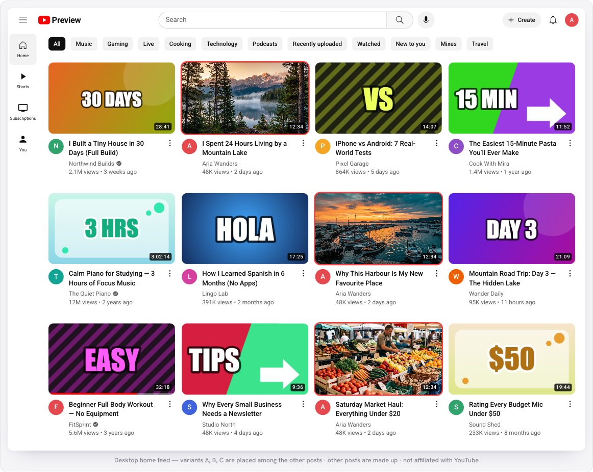 Three thumbnails placed among other videos in a YouTube-style home feed
